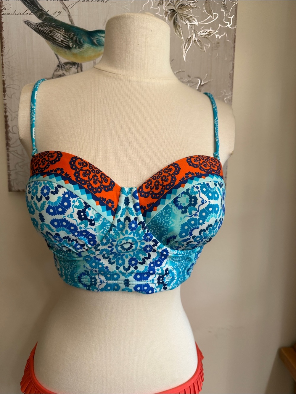 La Blanca Turquoise and Orange longline Bustier Swim Top